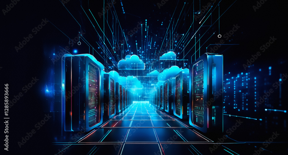 Poster futuristic server room illuminated with vibrant blue lights. data streams flow through the network, 