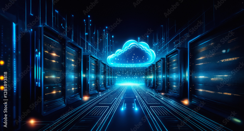 Poster futuristic server room with a glowing cloud at the center, symbolizing digital data and network conn