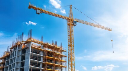Construction Site with Tower Crane and Modern Building Under Development Against Clear Blue Sky