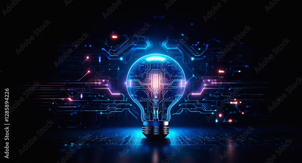 Aufkleber a glowing lightbulb shape is formed from interconnected circuit board elements against a dark backgr