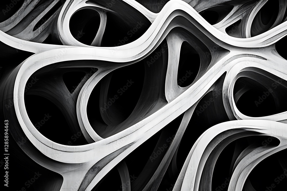 Poster abstract grayscale image of swirling, interconnected, organic shapes.