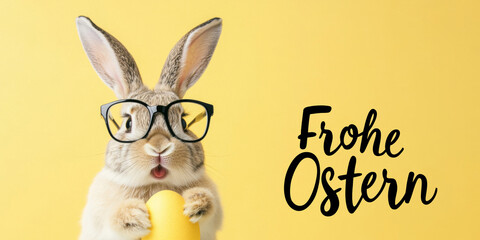 Frohe Ostern Konzept Feiertag Grußkarte mit deutschem Text - Osterhase Kaninchen mit Brille und Osterei, isoliert auf gelbem Hintergrund.