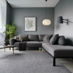 Gray living room interior, sofa, poster