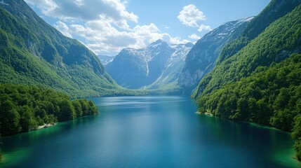 Fototapeta premium Serene alpine lake nestled in a valley, mountain range, sunny day