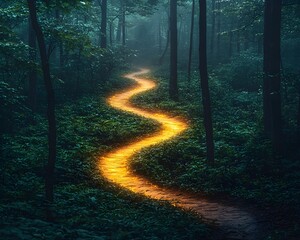 Obraz premium Glowing Winding Path Through Enchanting Forest Symbolizing Freedom and Opportunity