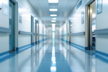 Obraz premium A long, sterile hospital corridor with bright lighting and closed doors, conveying a sense of calm and order.