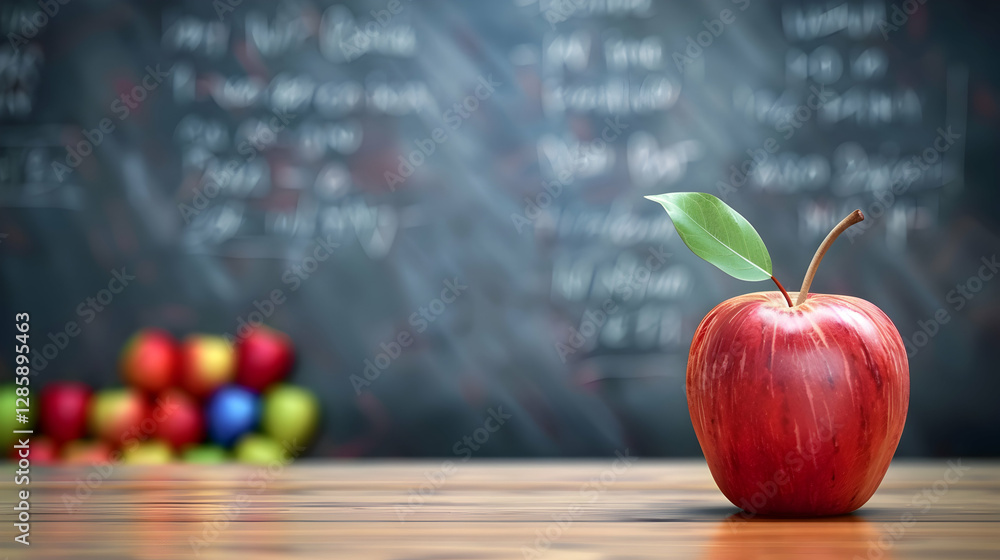 Poster a shiny red apple on a wooden table with a chalkboard background filled with notes and colorful appl