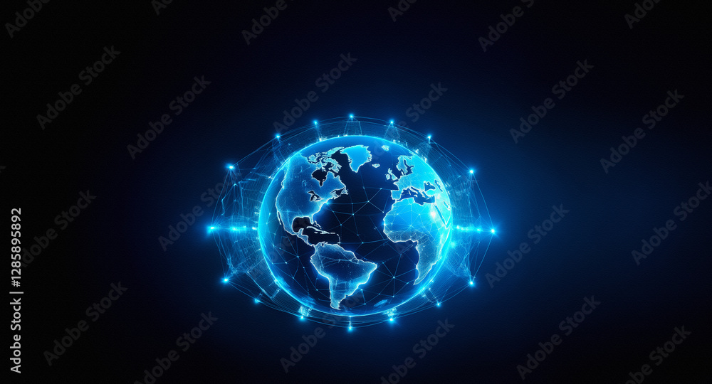 Poster glowing blue globe with network connections encircling it. digital world representation with interco