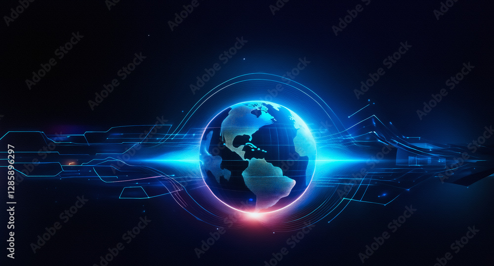Poster futuristic digital globe with glowing blue and red lights and lines on a dark backdrop, symbolizing 