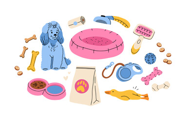 Dog accessories and toys supply set for puppy shop. Veterinary food product and care goods, dog clothes and beds. vector illustration isolated on white background