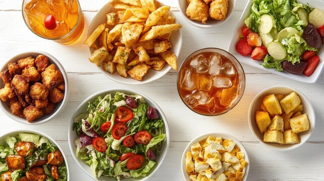 A Delicious Variety of Food: Salads, Fried Bites, and Croutons