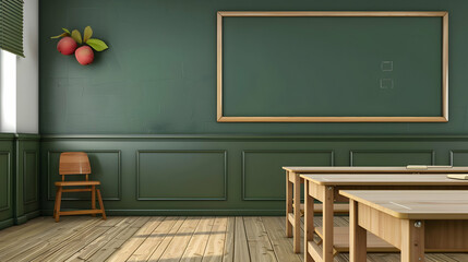 Modern classroom interior featuring wooden furniture, green walls, and decorative apples