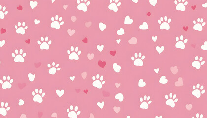 Pink Paw Prints & Hearts Seamless Pattern - Pastel Colors