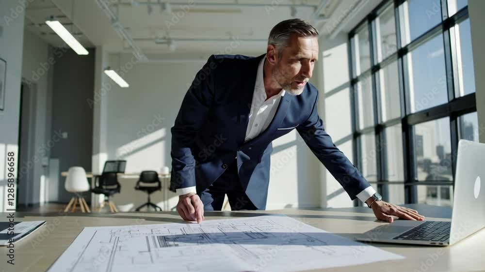 Poster Experienced engineer in a suit standing at a table, examining blueprints and using a laptop in slow motion, showcasing his focus and expertise in a modern office environment
