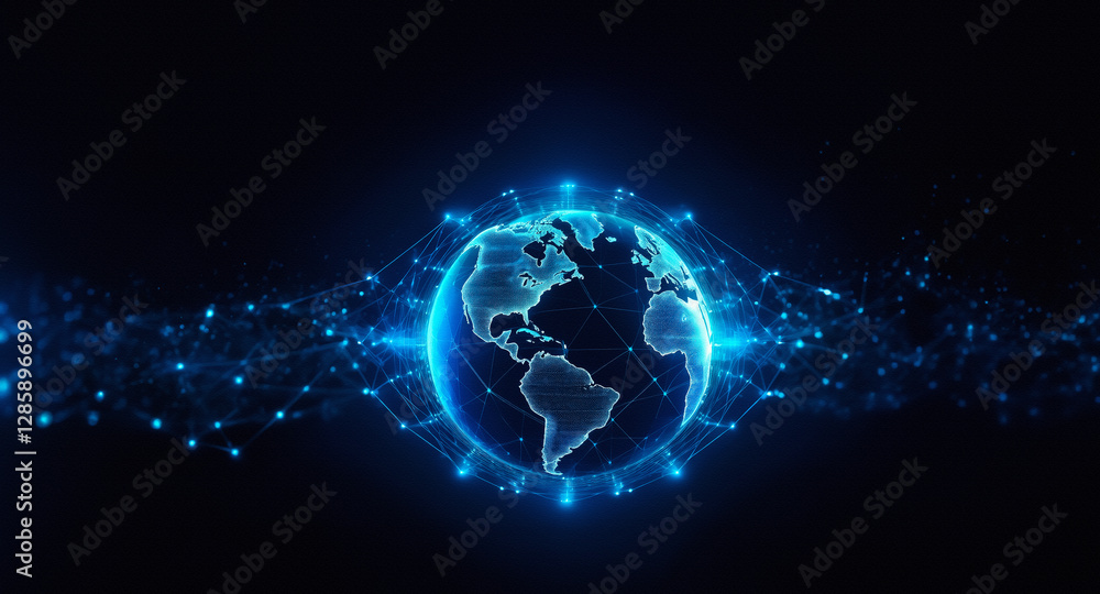 Poster luminous blue digital globe with interconnected nodes encircling it on a dark backdrop. represents g