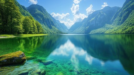 Serene Alpine Lake Reflecting Mountains
