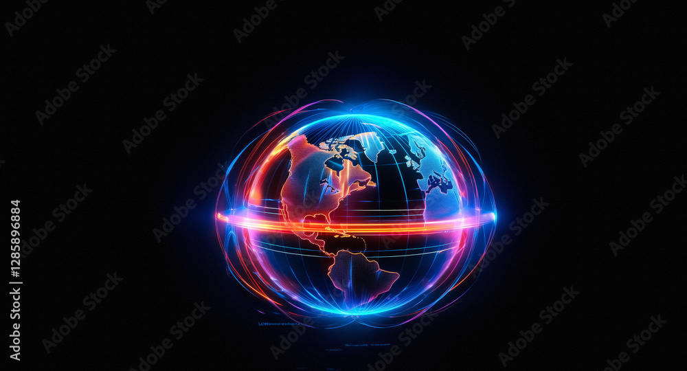 Poster a vibrant globe with illuminated blue and red light streams encircling it against a stark black back