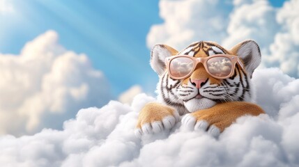 Tiger is wearing sunglasses and laying on a cloud. The image has a playful and whimsical mood, as the tiger is dressed in sunglasses and he is enjoying a lazy day in the sky