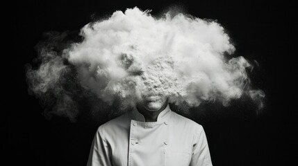 Chef engulfed in flour cloud, dark background, baking concept