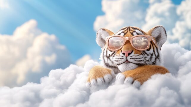 Tiger is wearing sunglasses and laying on a cloud. The image has a playful and whimsical mood, as the tiger is dressed in sunglasses and he is enjoying a lazy day in the sky