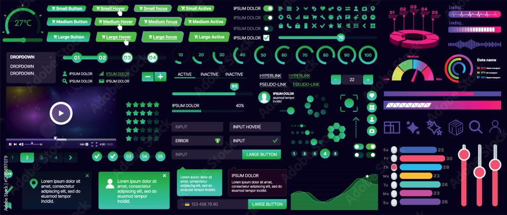 Poster a set of ui components for mobile apps and websites. includes buttons, panels, menus, sliders, and c