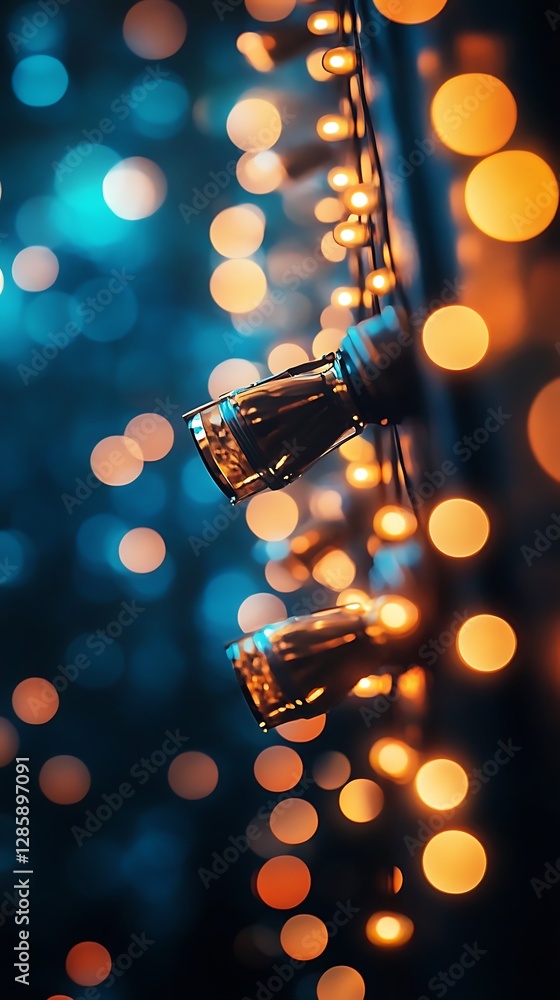 Wall mural a close-up of illuminated light bulbs with a bokeh background in warm and cool tones.