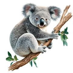 Naklejka premium Koala climbing a eucalyptus tree on transparent background 