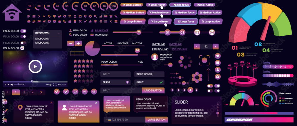 Poster a set of ui components for mobile apps and websites. includes buttons, panels, menus, sliders, and c