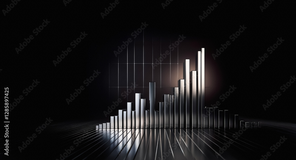 Aufkleber shiny metallic bars, arranged in a rhythmic wave, stand tall against a dark backdrop. light reflects