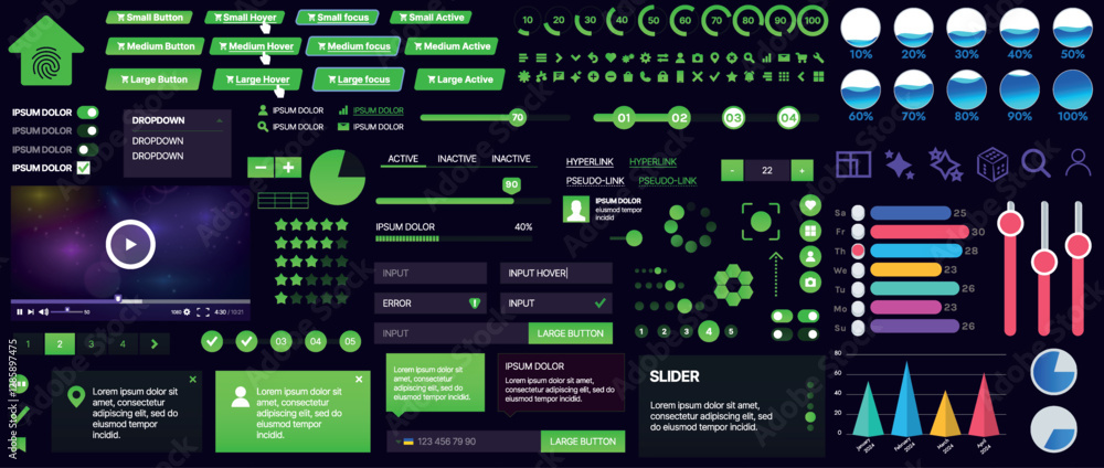 Poster a set of ui components for mobile apps and websites. includes buttons, panels, menus, sliders, and c