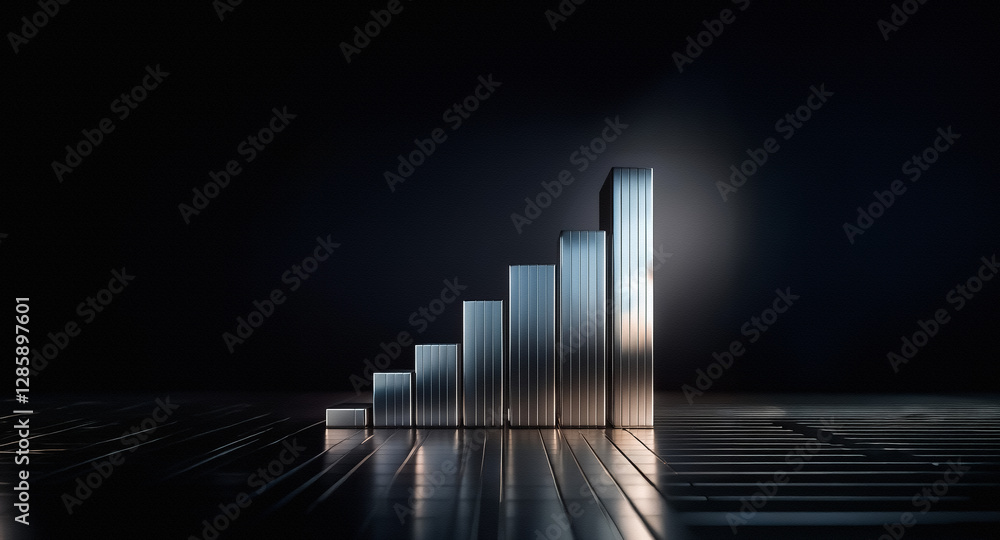 Poster silver bar chart ascends on a dark surface, showcasing shiny metallic bars symbolizing business grow