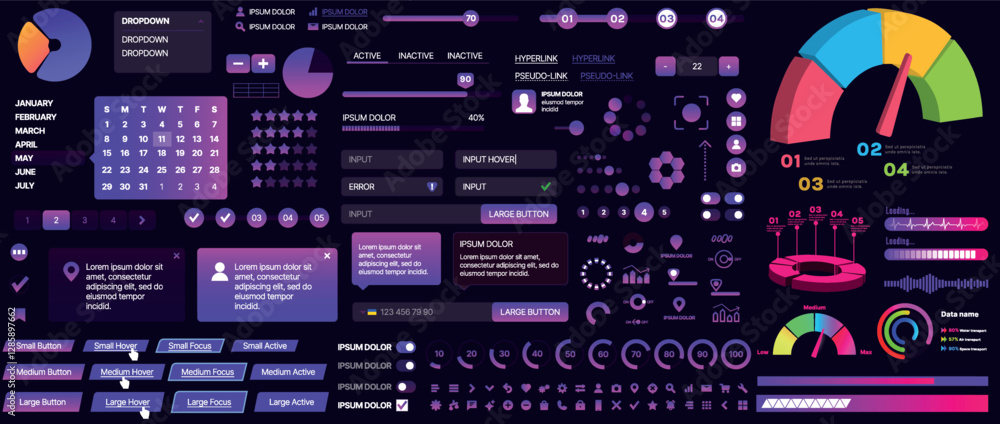 Fototapete A set of UI components for mobile apps and websites. Includes buttons, panels, menus, sliders, and charts. Modern design for easy interaction, data management, and automation.