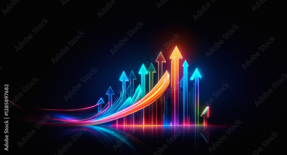 Poster vibrant neon arrows ascend against a dark backdrop, creating dynamic light trails. the image evokes 