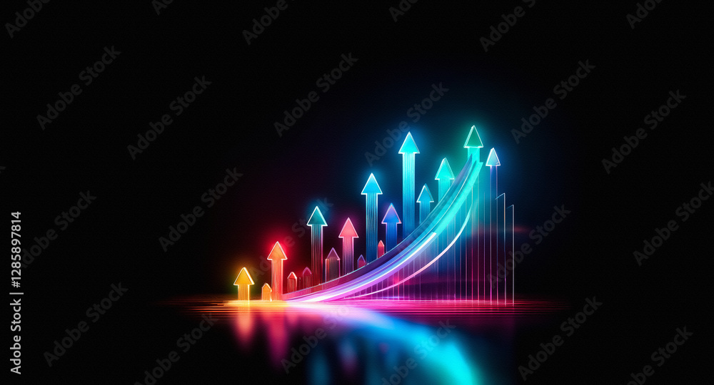 Poster colorful neon arrows ascend against a dark backdrop, symbolizing upward trends and advancement. illu