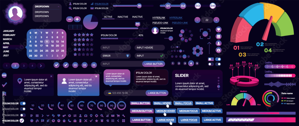 Poster a set of ui components for mobile apps and websites. includes buttons, panels, menus, sliders, and c