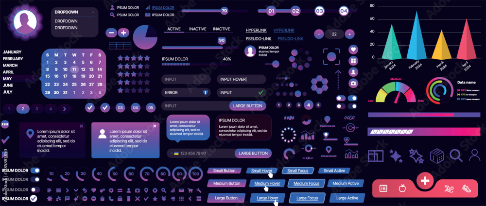 Poster a set of ui components for mobile apps and websites. includes buttons, panels, menus, sliders, and c