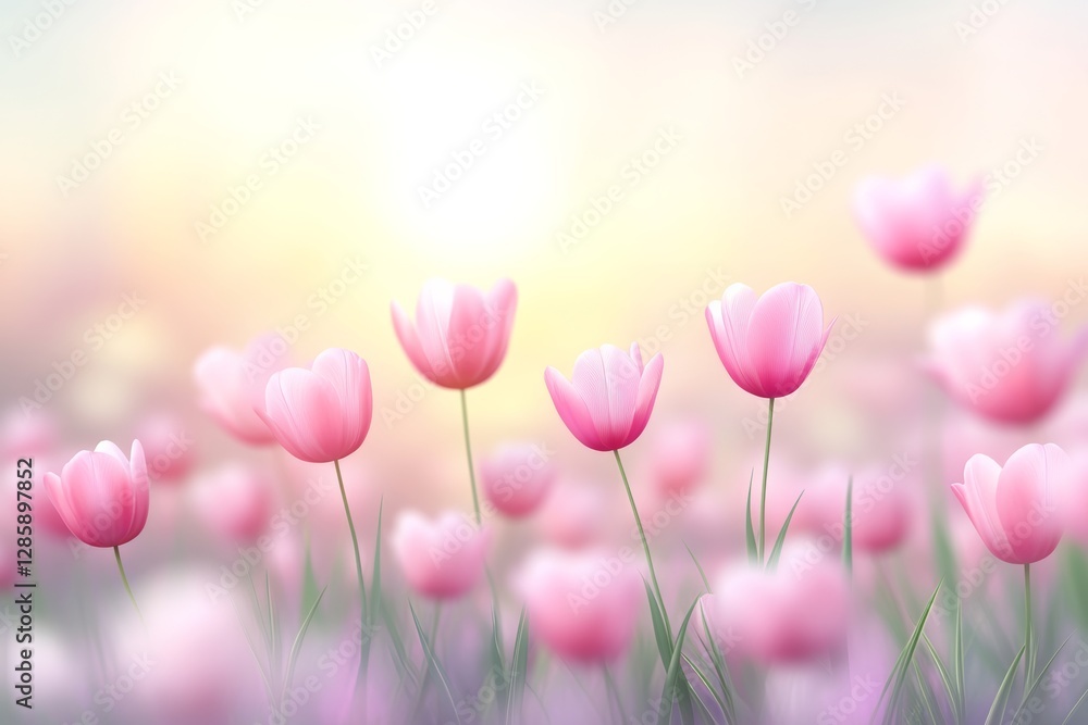Poster field of pink flowers with the sun shining on them. the flowers are arranged in a way that they are 