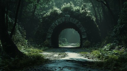 Stone Archway Tunnel Through Misty Forest Landscape with Overgrowth and Path Leading Through