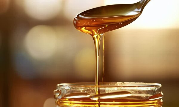 A spoon drips honey from a jar, showcasing the golden liquid's texture and shine.