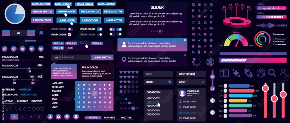 Poster a set of ui components for mobile apps and websites. includes buttons, panels, menus, sliders, and c