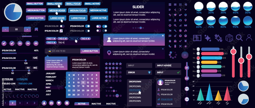 Poster a set of ui components for mobile apps and websites. includes buttons, panels, menus, sliders, and c