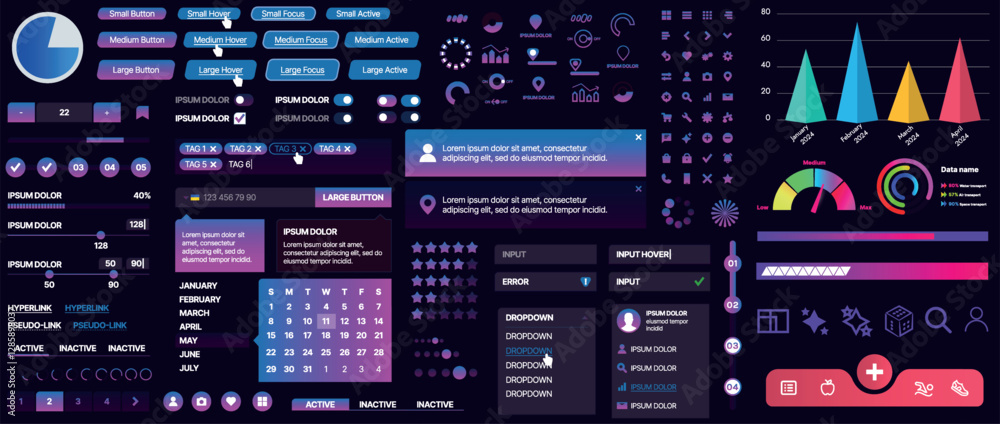 Poster a set of ui components for mobile apps and websites. includes buttons, panels, menus, sliders, and c