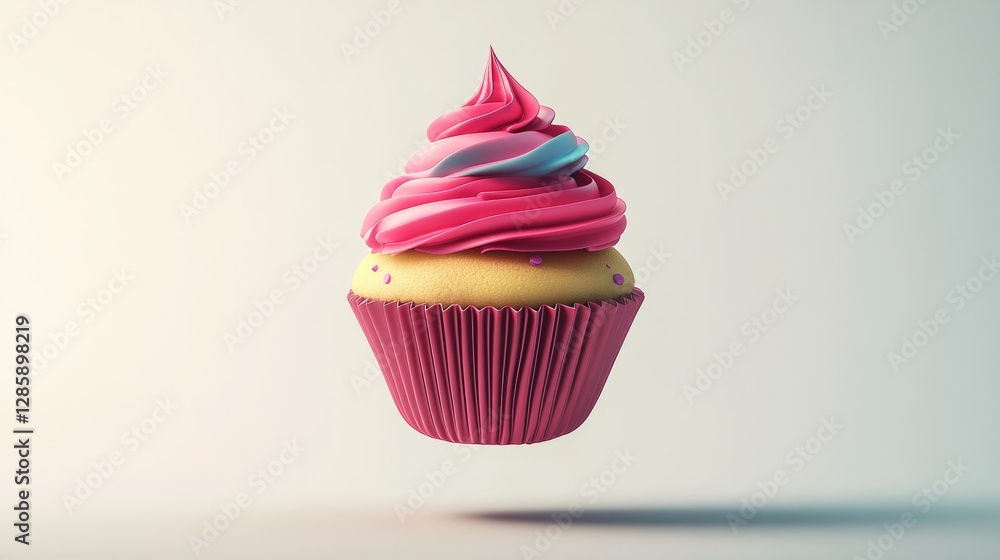 Poster a 3d balloon shaped like a cupcake, colorful frosting, floating against a white background with soft