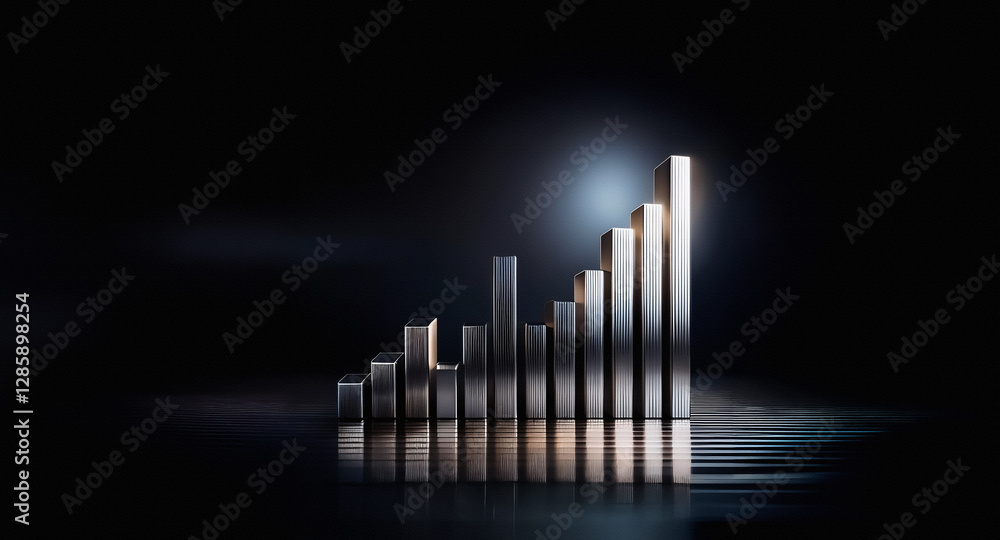 Poster metallic silver bars form a rising bar graph on a dark reflective surface. illuminated from behind, 