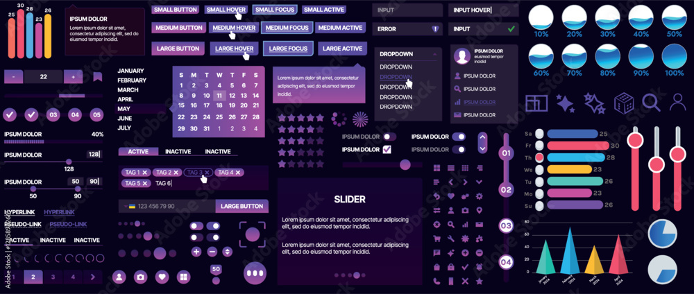 Poster a set of ui components for mobile apps and websites. includes buttons, panels, menus, sliders, and c