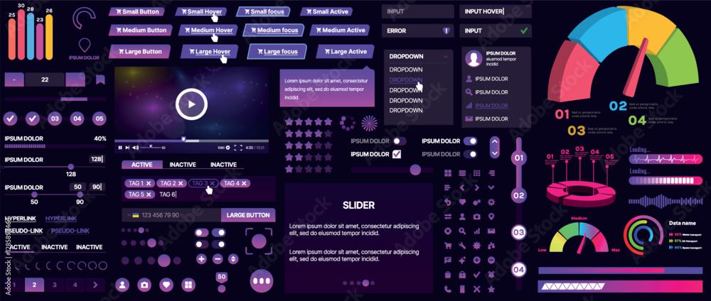 Poster a set of ui components for mobile apps and websites. includes buttons, panels, menus, sliders, and c
