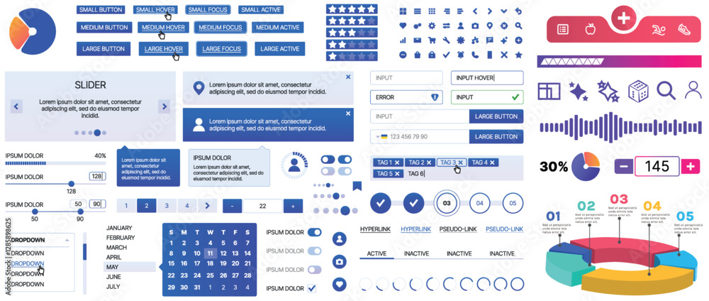 Poster a set of ui components for mobile apps and websites. includes buttons, panels, menus, sliders, and c