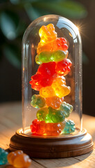 Playful Gummy Bear Tower Inside a Glass Dome, A Colorful and Whimsical Visua