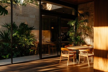 Sunlit cafe interior with plants, wooden furniture, and garden view
