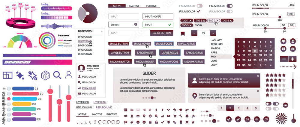 Poster a set of ui components for mobile apps and websites. includes buttons, panels, menus, sliders, and c